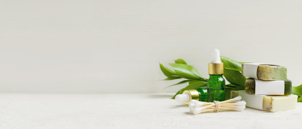 eco cosmetic products glass cosmetic bottles and soap with natural essential oil